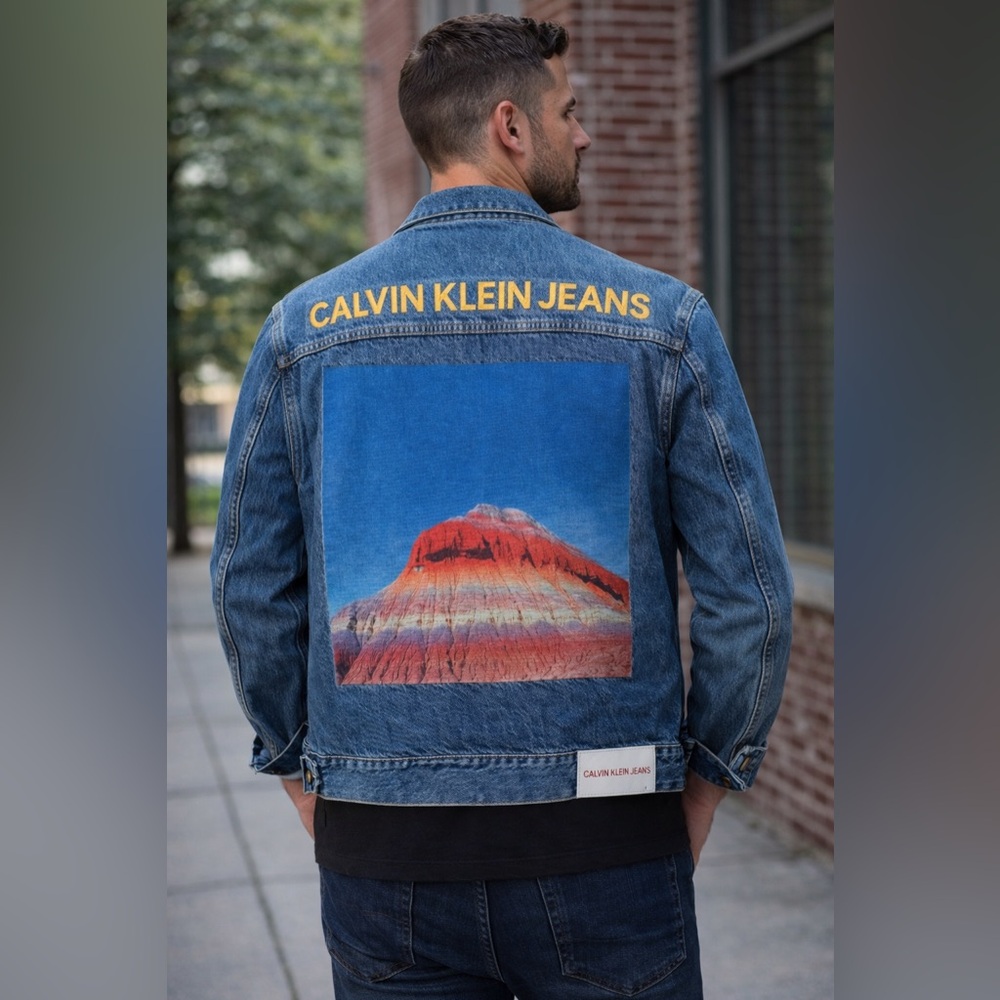Calvin Klein Jeans Denim Jacket with Vibrant Mountain Design